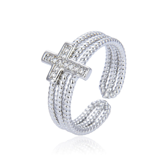 Triple-Strand Crystal Cross Open Cuff Ring