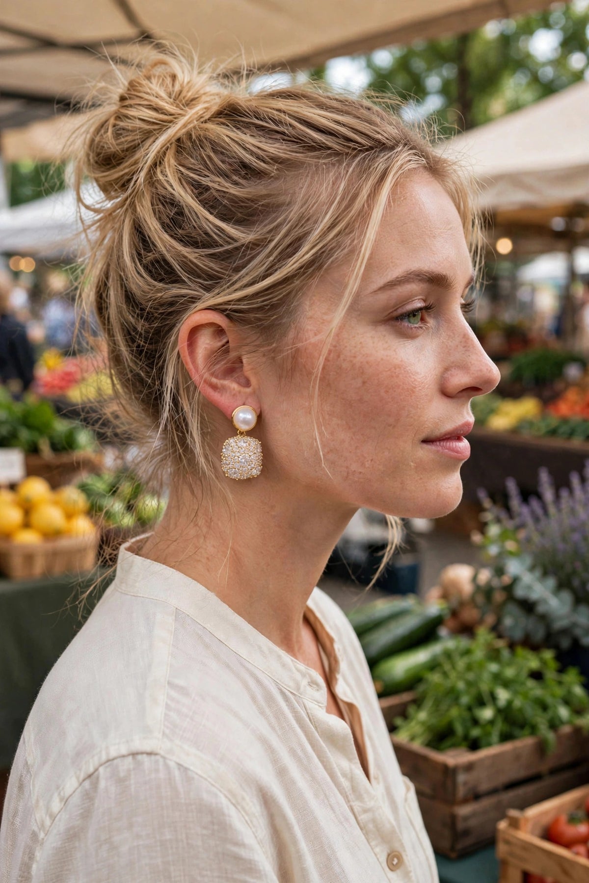 Model wearing the Crystal Teardrop Dangle Earrings