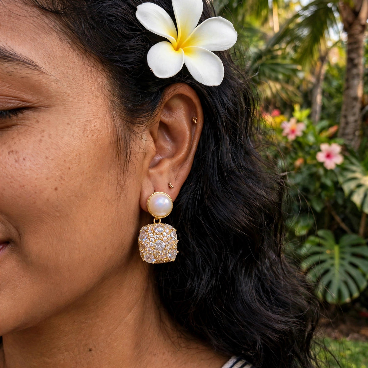 Model wearing the Crystal Teardrop Dangle Earrings