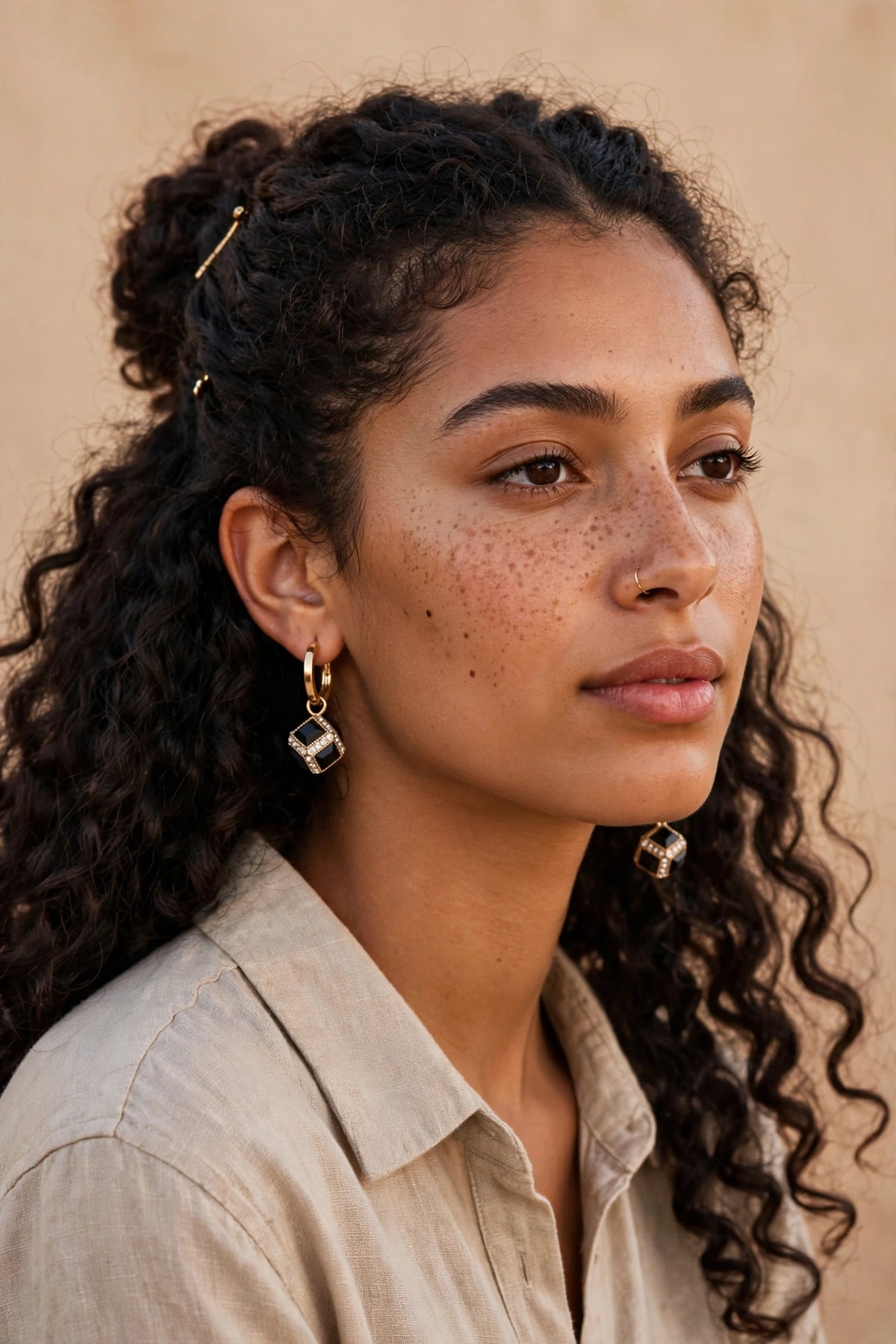 Model wearing the Black Cube Huggie Hoop Earrings