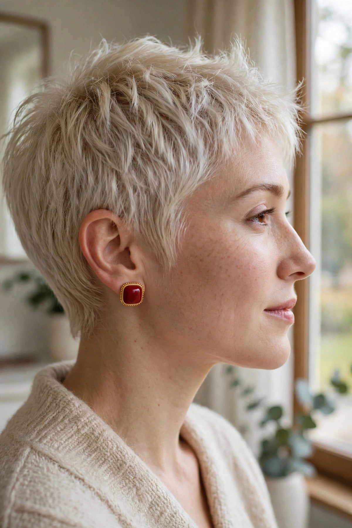 Model wearing the Red Enamel Square Stud Earrings