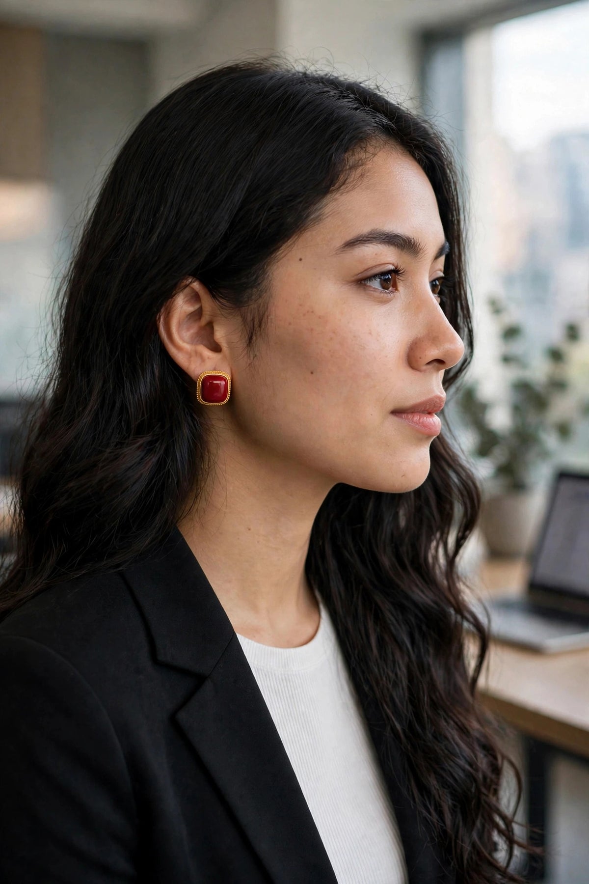 Model wearing the Red Enamel Square Stud Earrings