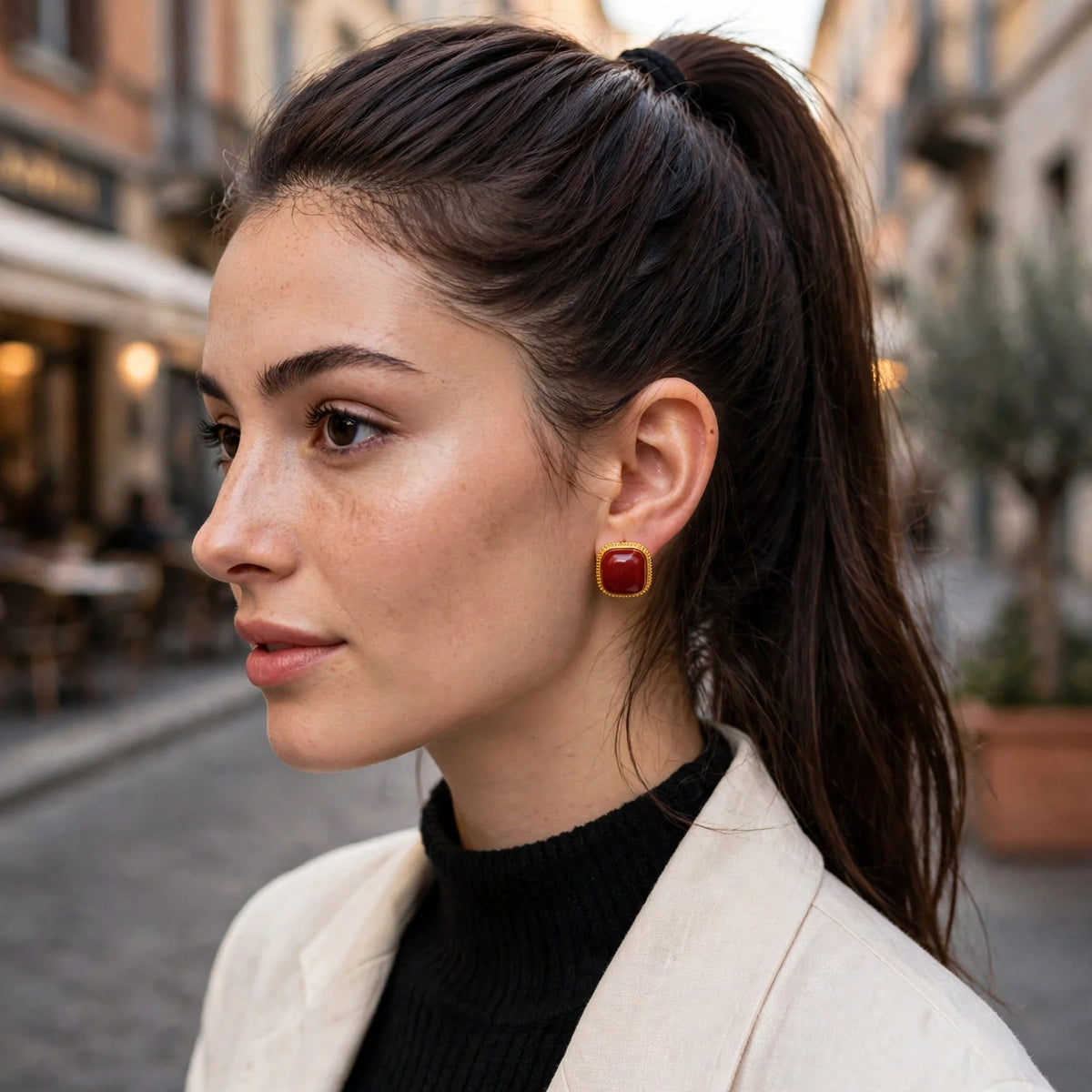 Model wearing the Red Enamel Square Stud Earrings