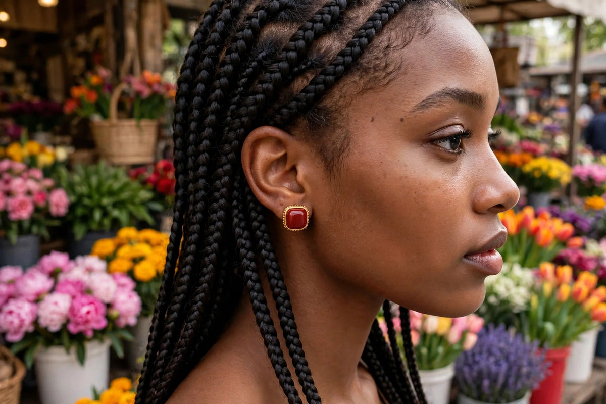 Model wearing the Red Enamel Square Stud Earrings