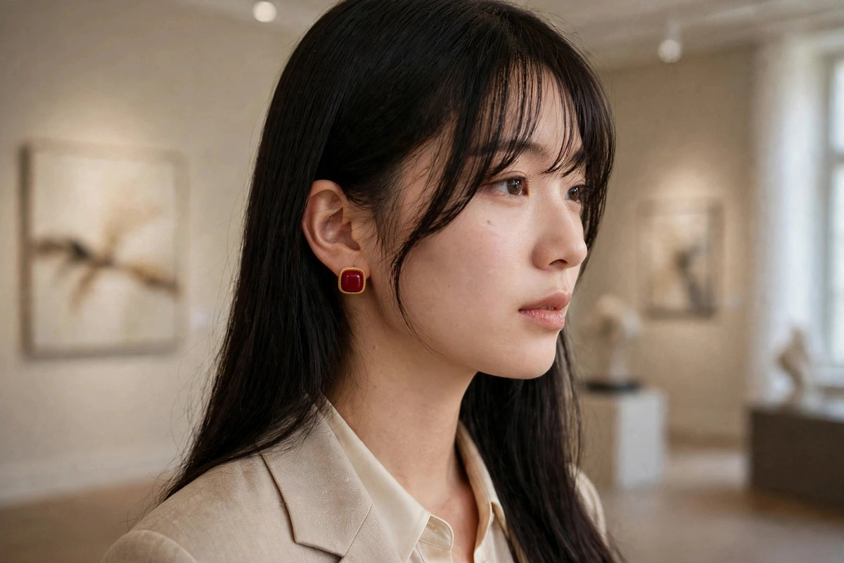 Model wearing the Red Enamel Square Stud Earrings