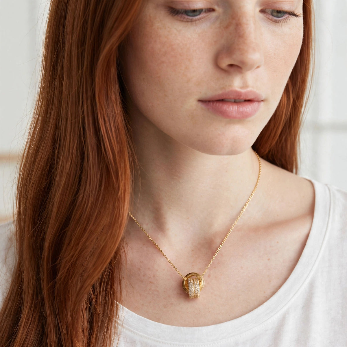 Model wearing the Textured Round Pendant Necklace