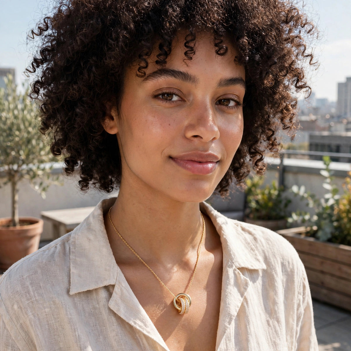 Model wearing the Textured Round Pendant Necklace
