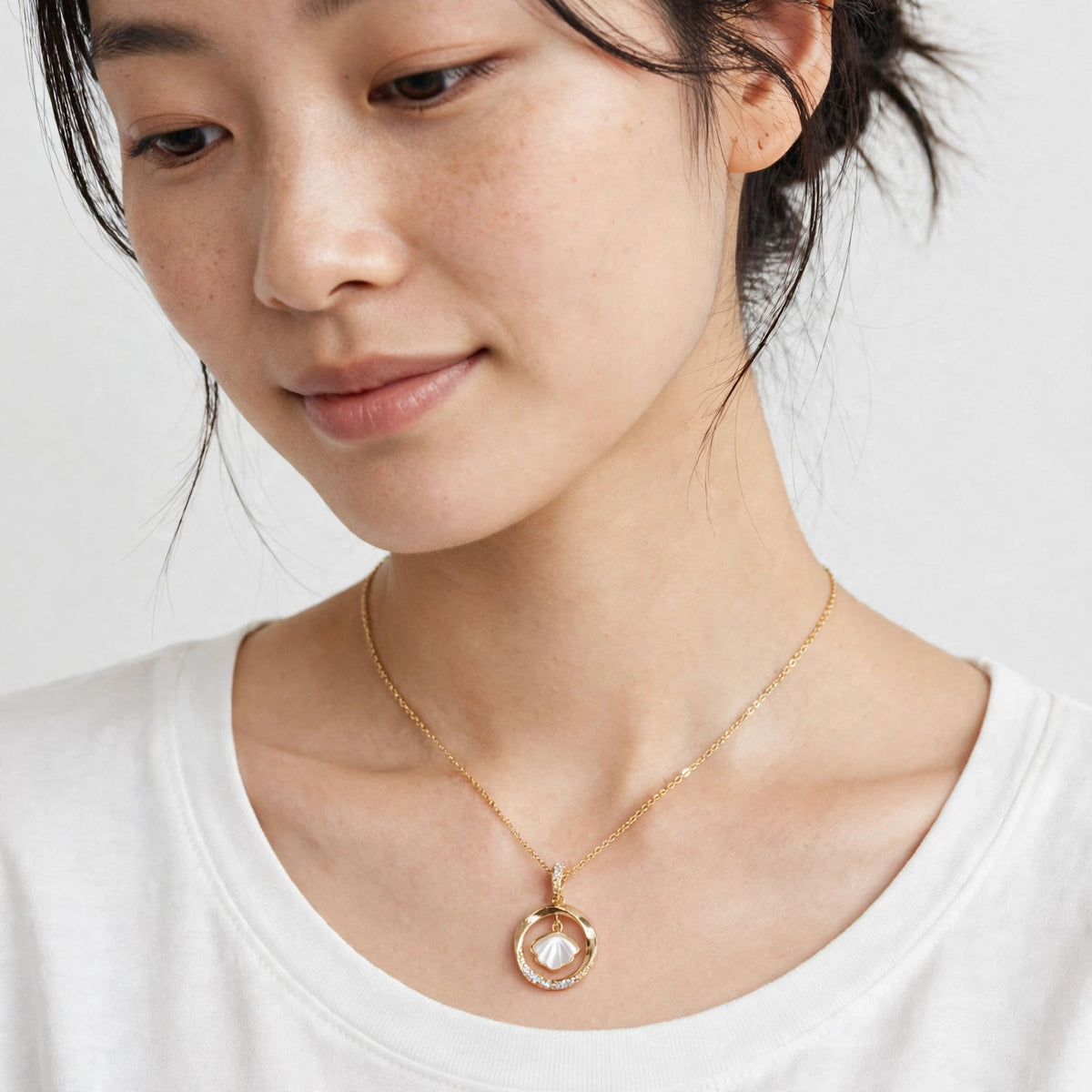 Model wearing the Mother-of-Pearl Shell Pendant Necklace