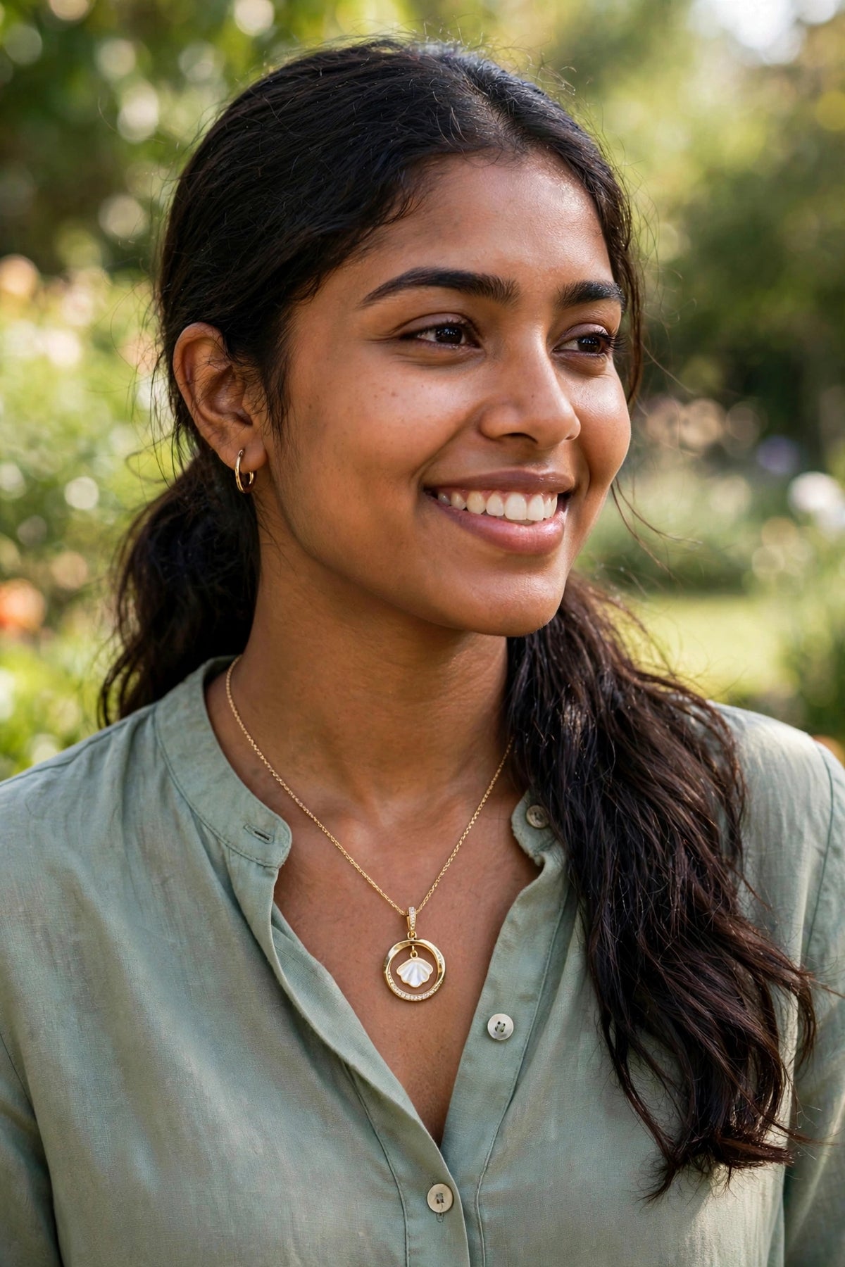 Model wearing the Mother-of-Pearl Shell Pendant Necklace