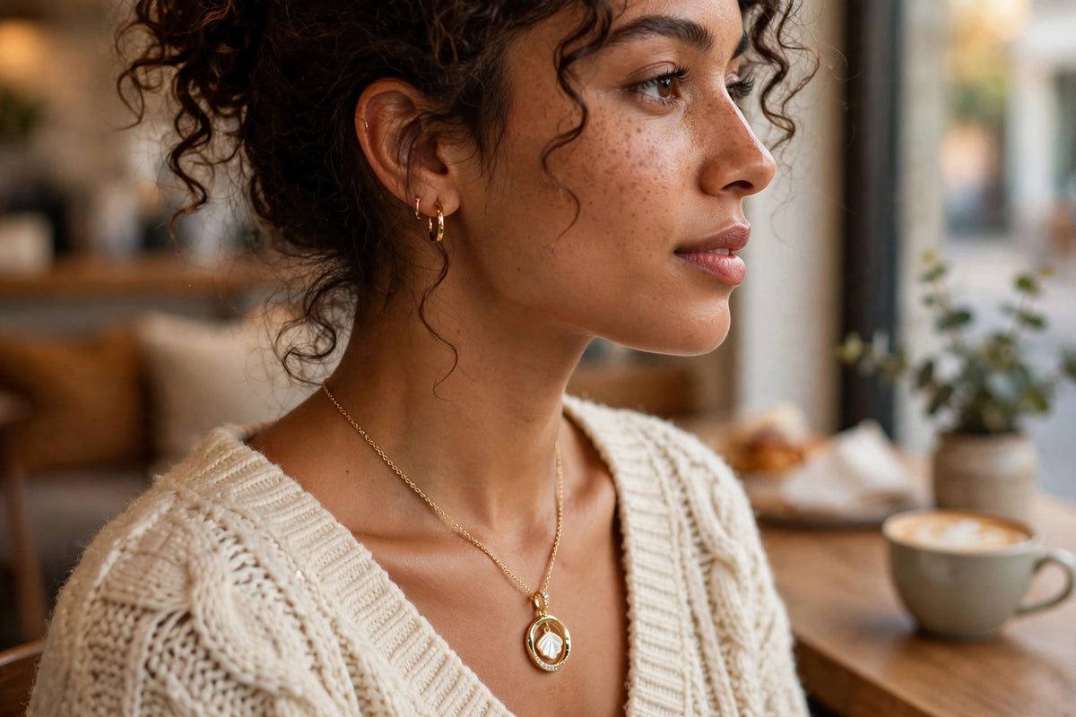 Model wearing the Mother-of-Pearl Shell Pendant Necklace
