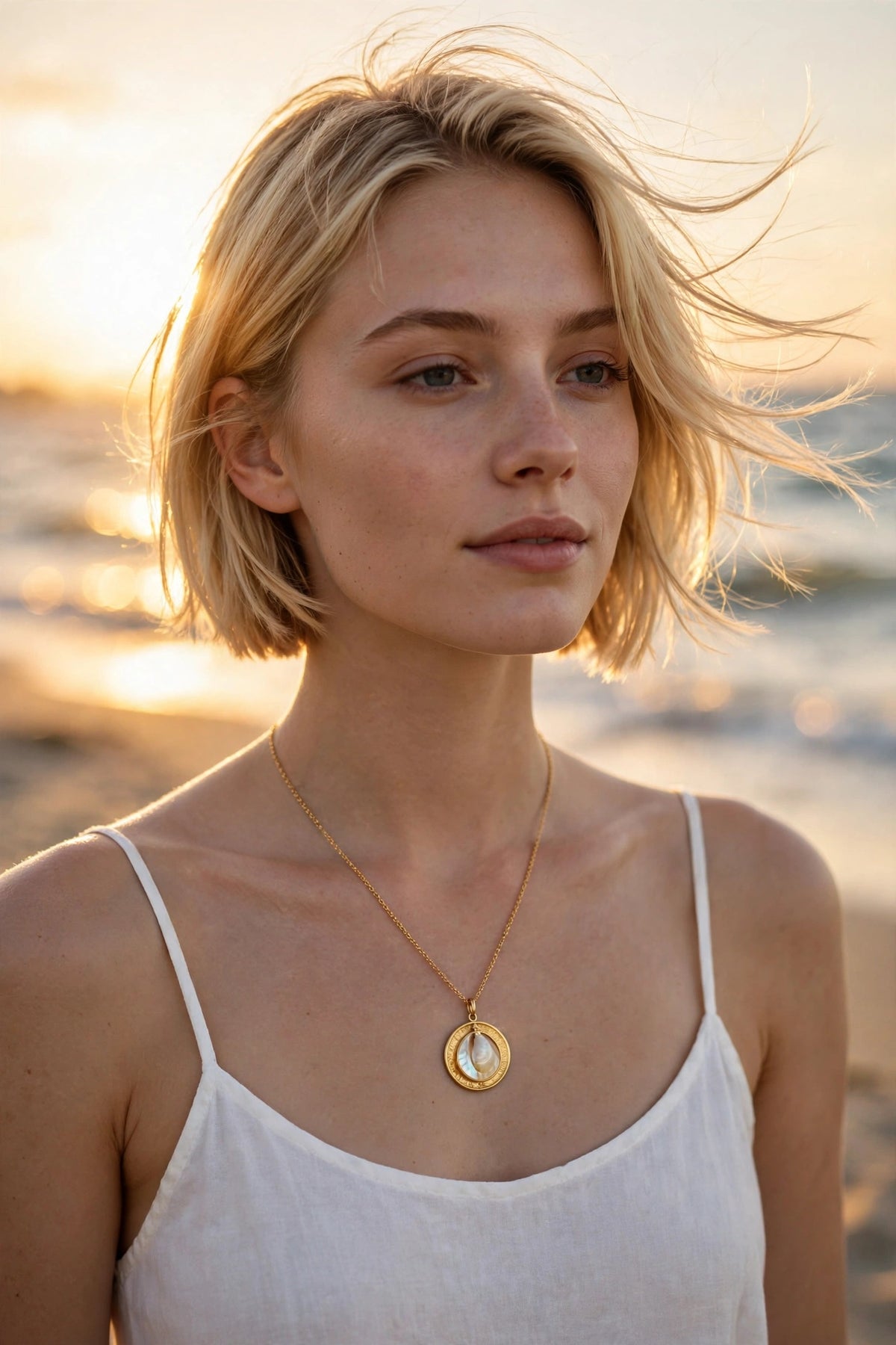 Model wearing the Mother-of-Pearl Shell Pendant Necklace