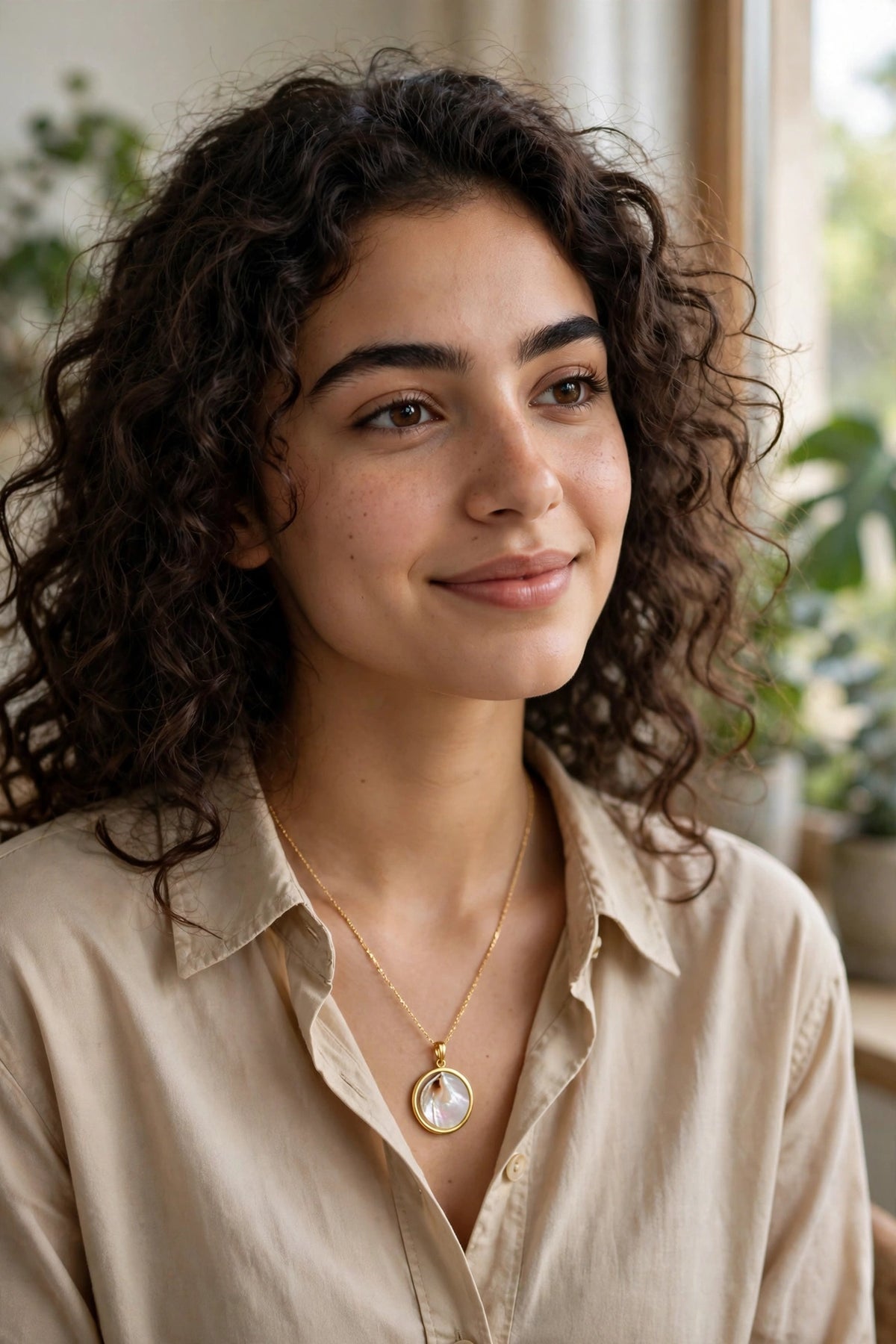 Model wearing the Mother-of-Pearl Shell Pendant Necklace