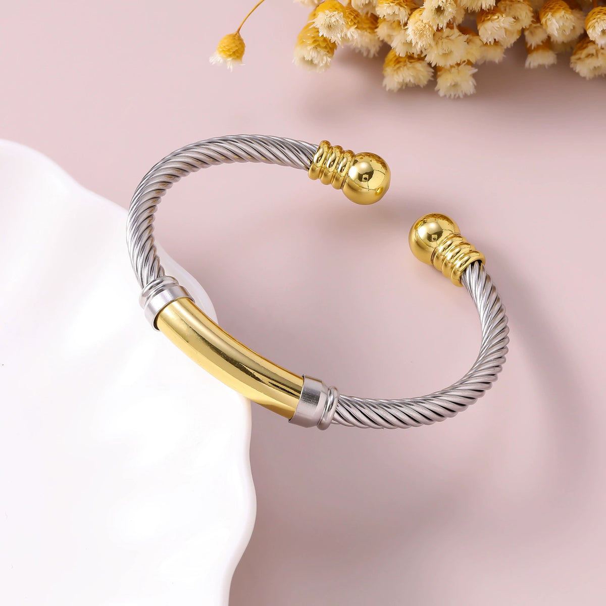Two-Tone Twisted Cable Bar Cuff Bracelet