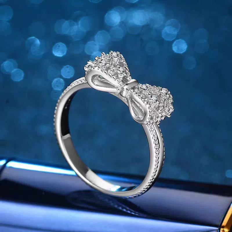Silver-Tone Crystal Bow Ring, Plated Brass with Cubic Zirconia