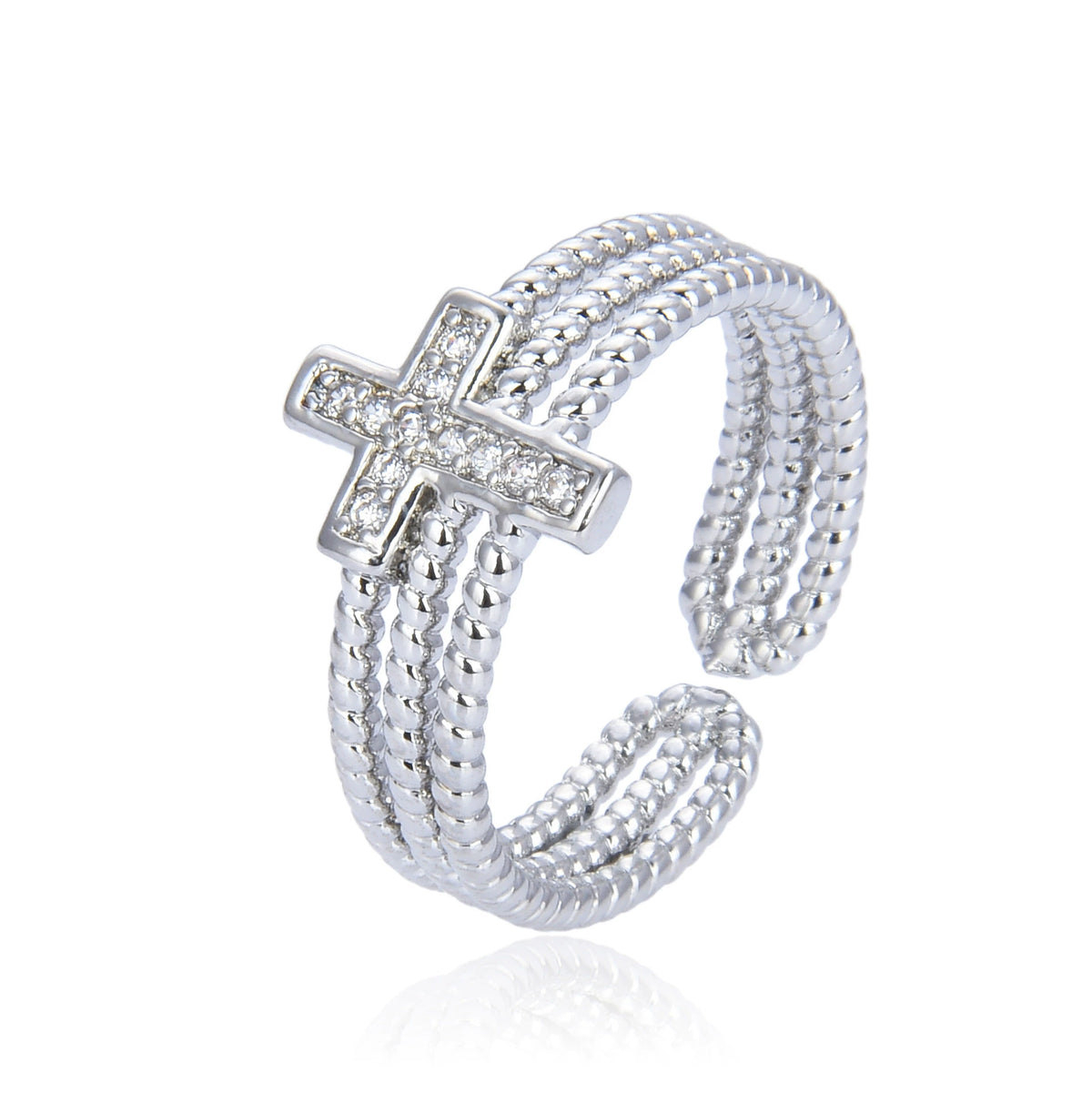 Triple-Strand Crystal Cross Open Cuff Ring