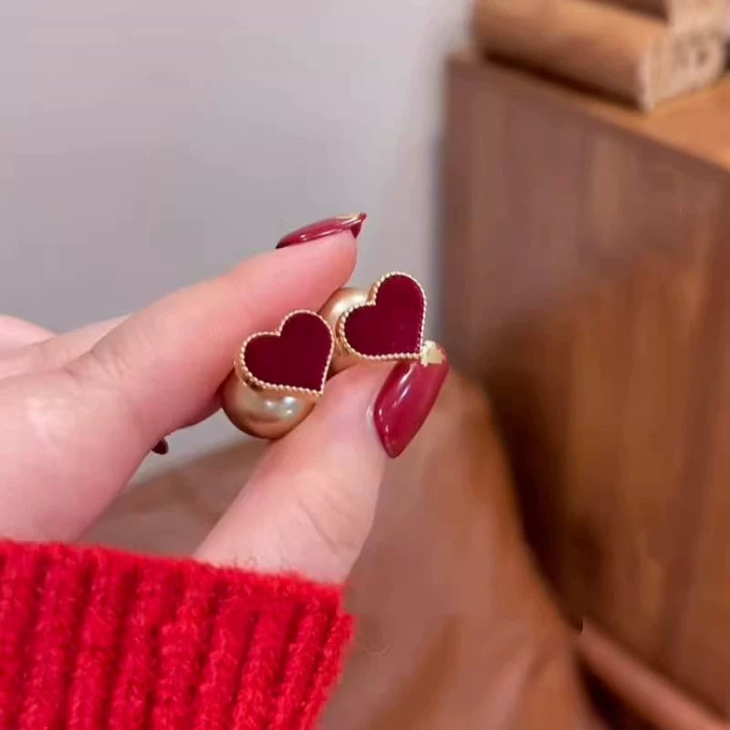 Red Velvet Heart &amp; Pearl Double-Sided Stud Earrings