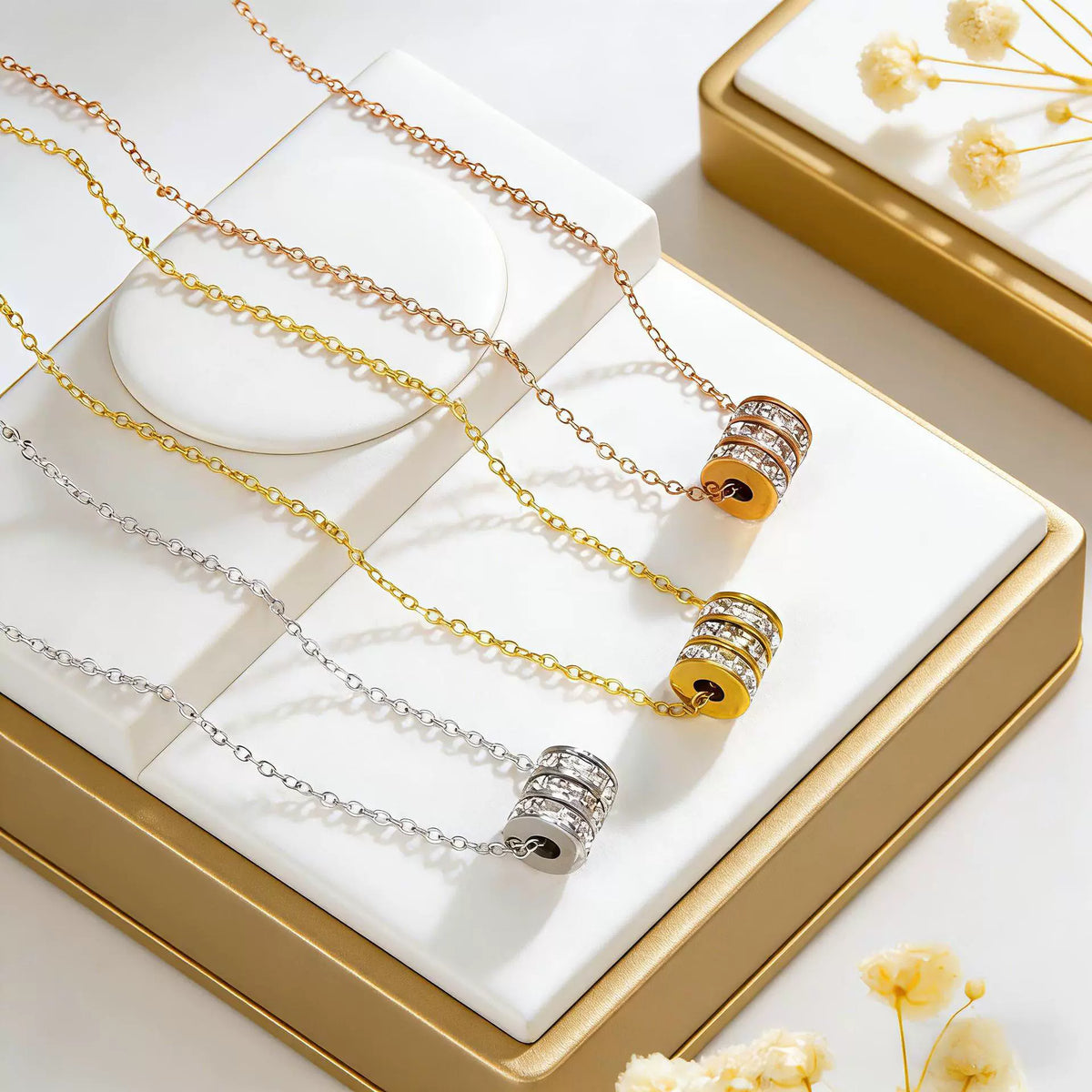 Triple-Row Crystal Barrel Pendant Necklace