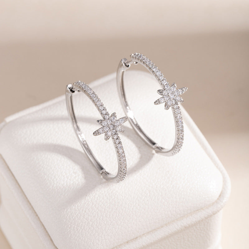 Silver north star pavé hoop earrings