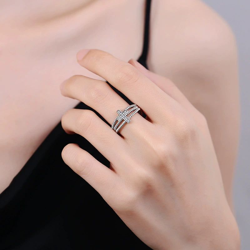 Triple-Strand Crystal Cross Open Cuff Ring