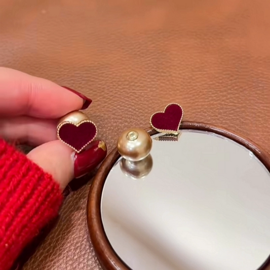 Red Velvet Heart &amp; Pearl Double-Sided Stud Earrings