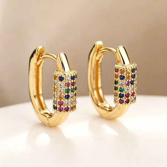 Rainbow crystal huggie hoop earrings in gold tone