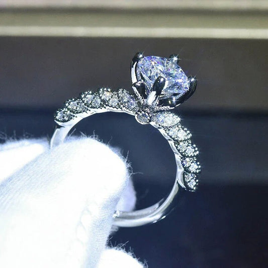 Silver vintage six-prong solitaire pavé ring