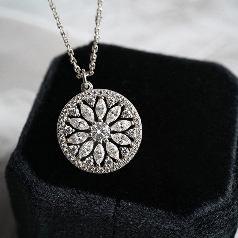 Silver sunburst marquise medallion pendant necklace