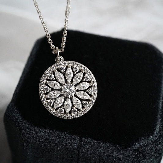 Silver sunburst marquise medallion pendant necklace