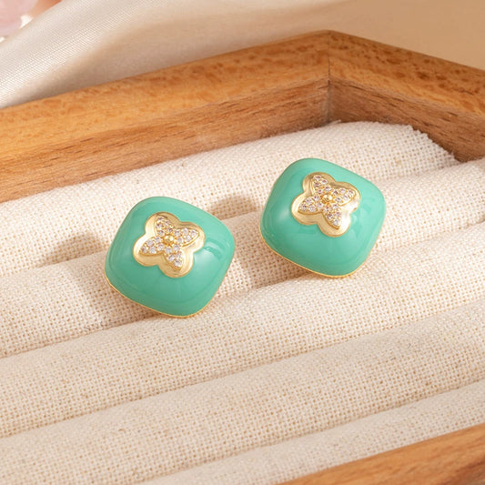 Colorful enamel square stud earrings, green pair with gold-tone floral details
