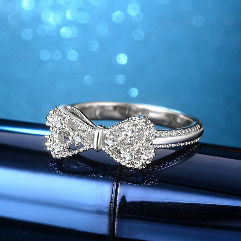 Silver-Tone Crystal Bow Ring, Plated Brass with Cubic Zirconia