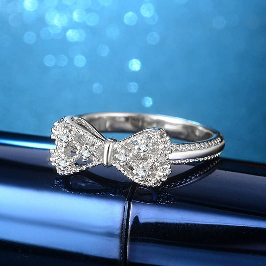 Silver-Tone Crystal Bow Ring, Plated Brass with Cubic Zirconia