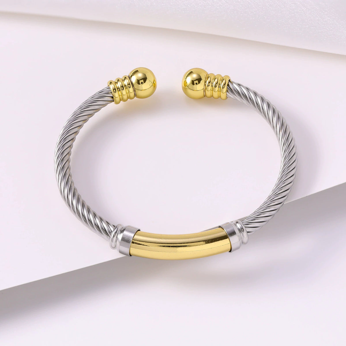 Two-Tone Twisted Cable Bar Cuff Bracelet