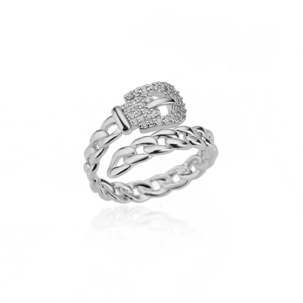Silver-Tone Crystal Chain Ring Set, Plated Brass with Cubic Zirconia, Adjustable
