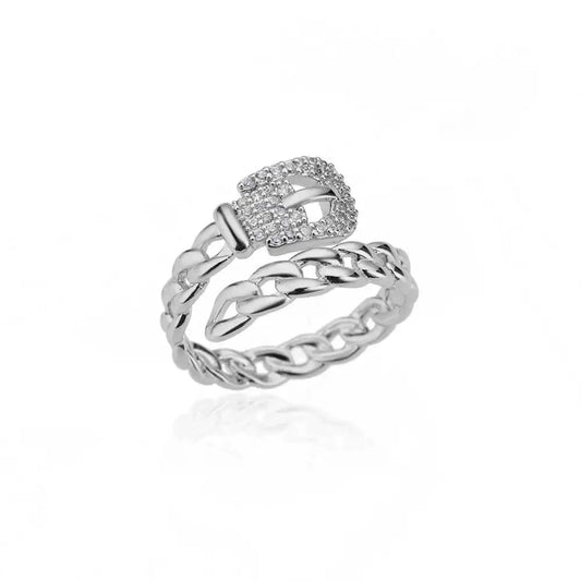 Silver-Tone Crystal Chain Ring Set, Plated Brass with Cubic Zirconia, Adjustable