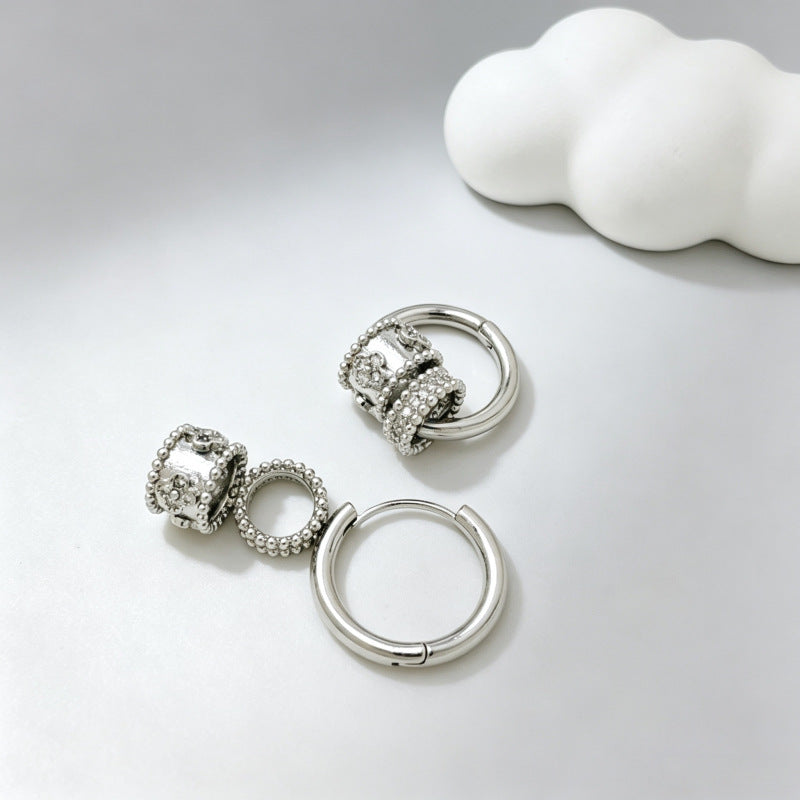 Silver pavé barrel charm huggie hoop earrings with charm removed