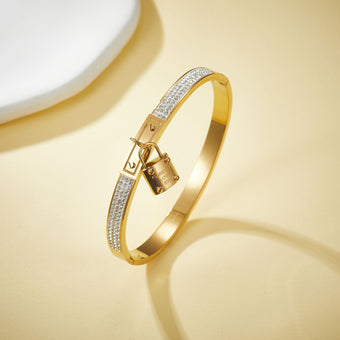 Gold Forever Love padlock pavé bangle bracelet