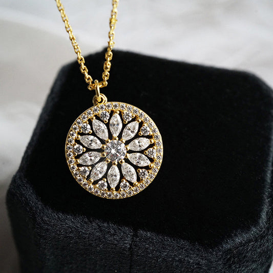 Gold sunburst marquise medallion pendant necklace