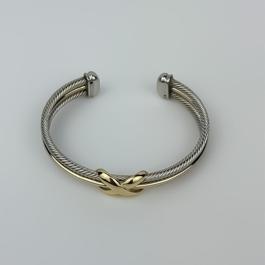 Two-tone twisted cable X cuff bracelet