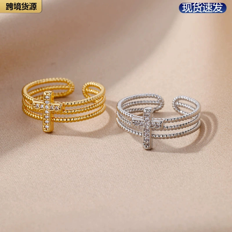 Triple-Strand Crystal Cross Open Cuff Ring