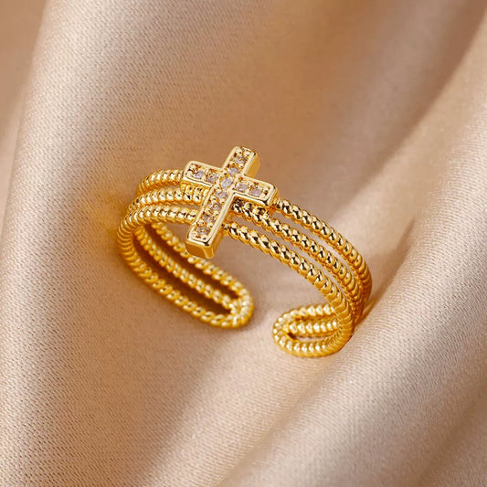 Triple-Strand Crystal Cross Open Cuff Ring