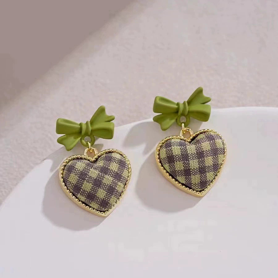 Green Bow &amp; Plaid Heart Drop Earrings