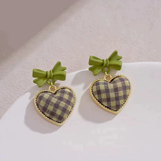 Green Bow &amp; Plaid Heart Drop Earrings