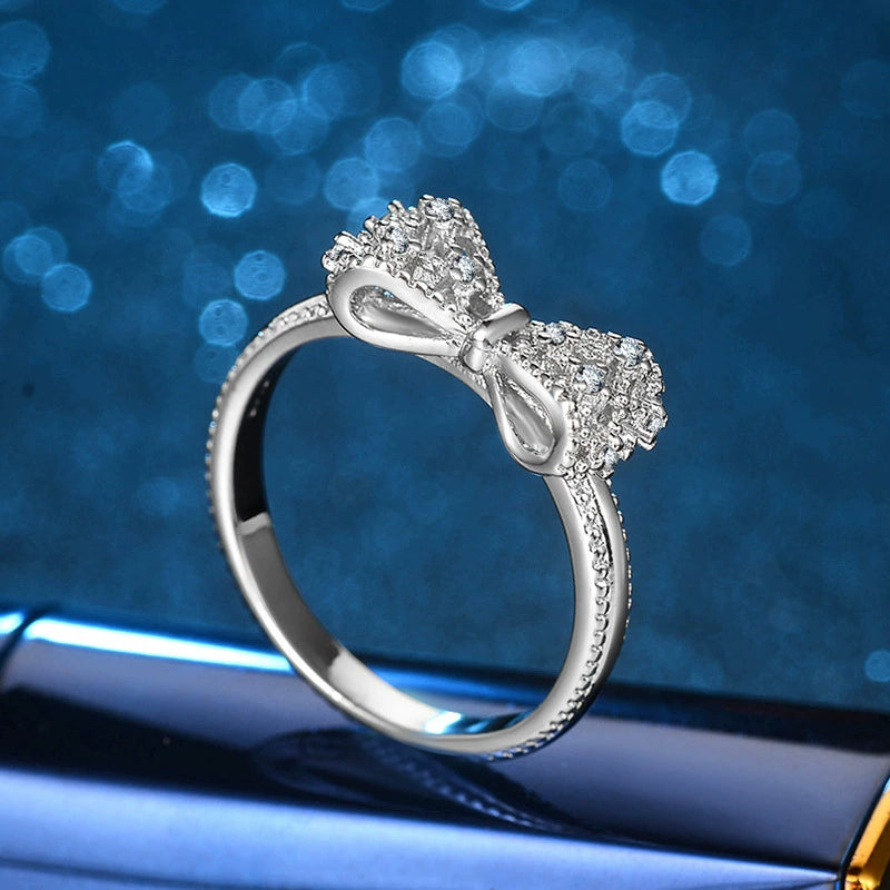 Silver-Tone Crystal Bow Ring, Plated Brass with Cubic Zirconia