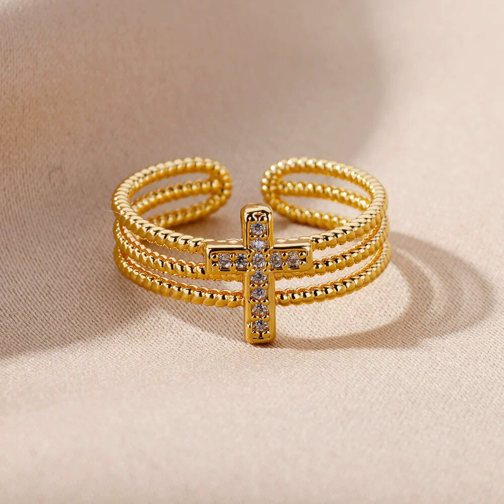 Triple-Strand Crystal Cross Open Cuff Ring