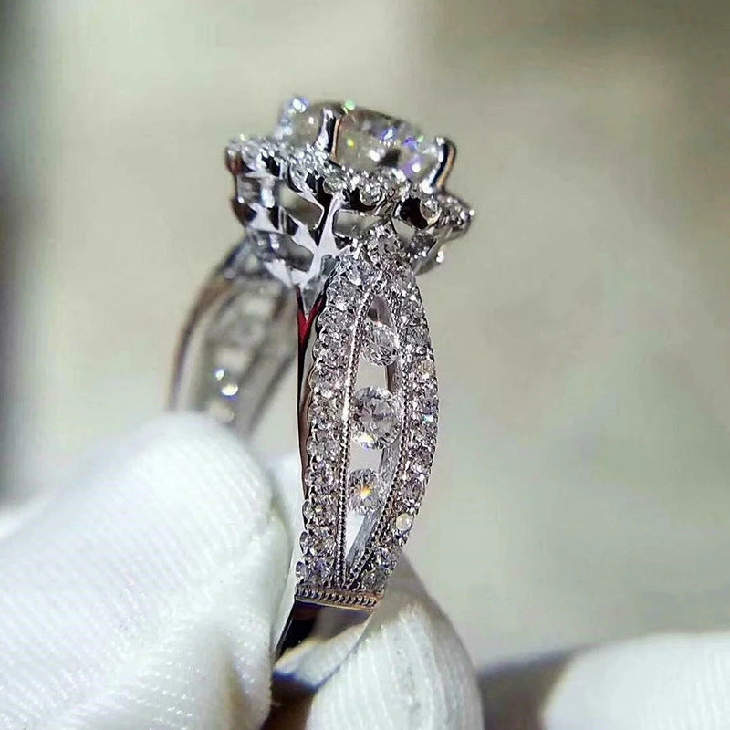 Halo ring side view showing pavé band