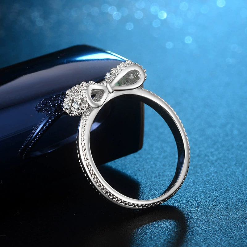Silver-Tone Crystal Bow Ring, Plated Brass with Cubic Zirconia