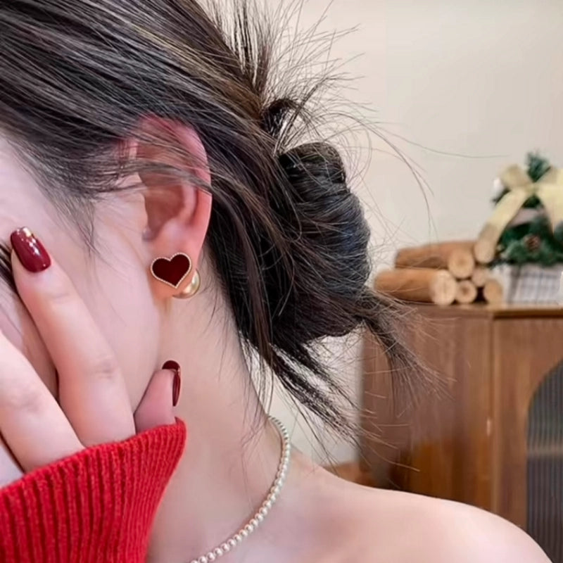 Red Velvet Heart &amp; Pearl Double-Sided Stud Earrings
