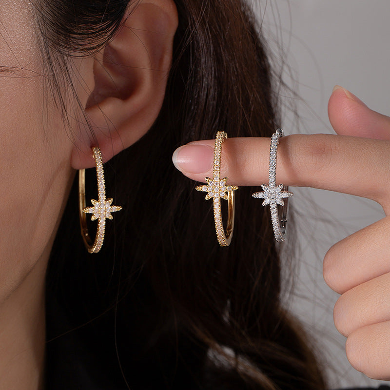 North star pavé hoops worn, gold and silver