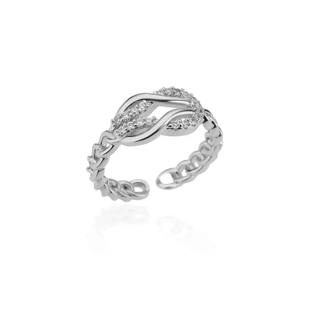 Silver-Tone Crystal Chain Ring Set, Plated Brass with Cubic Zirconia, Adjustable