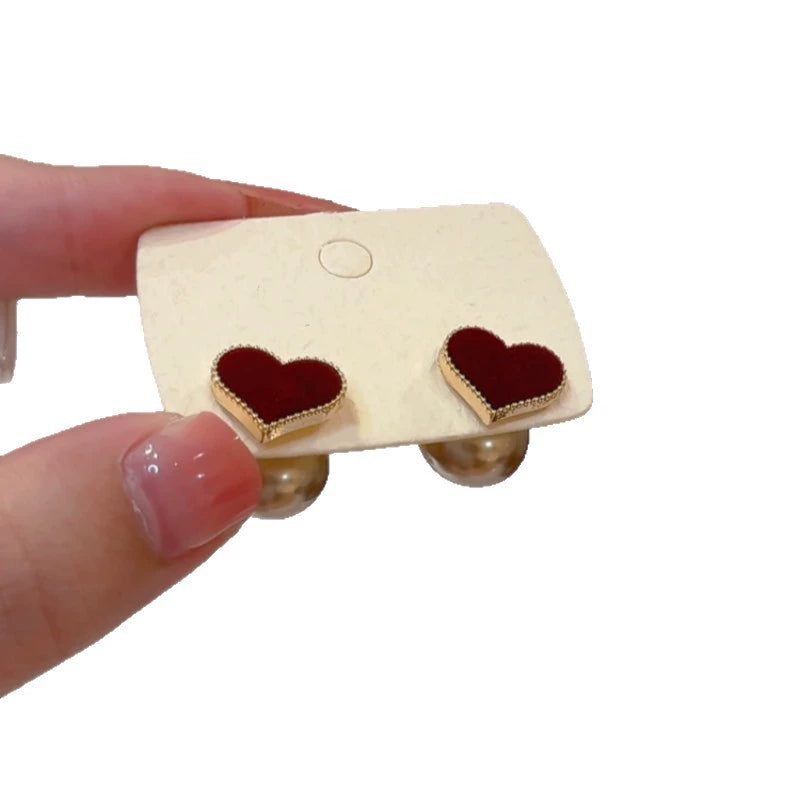Red Velvet Heart &amp; Pearl Double-Sided Stud Earrings